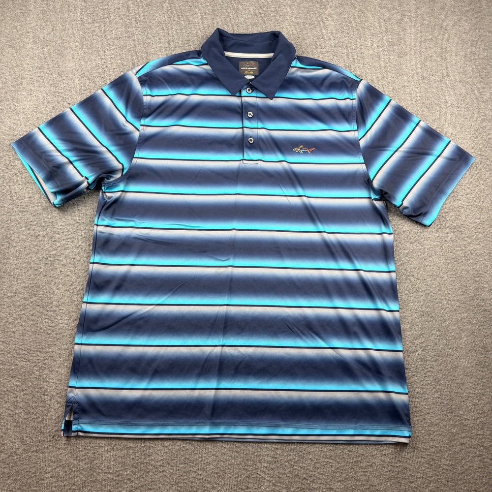 Greg Norman for Tasso Elba Men's L Large Blue Striped Play Dry Golf Polo